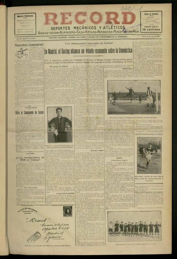 Miniatura de Record: deportes mecánicos y atléticos: aerostación, alpinismo, caza, hipismo, patinación, pesca, turismo, vela del 11 de enero de 1926, nº 18