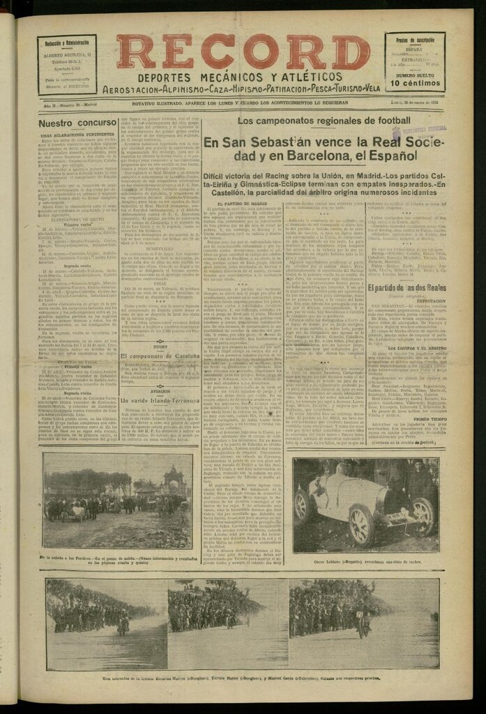 Miniatura de Record: deportes mecánicos y atléticos: aerostación, alpinismo, caza, hipismo, patinación, pesca, turismo, vela del 25 de enero de 1926, nº 20