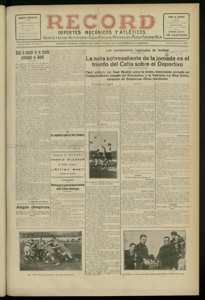 Miniatura de Record: deportes mecánicos y atléticos: aerostación, alpinismo, caza, hipismo, patinación, pesca, turismo, vela del 8 de febrero de 1926, nº 22