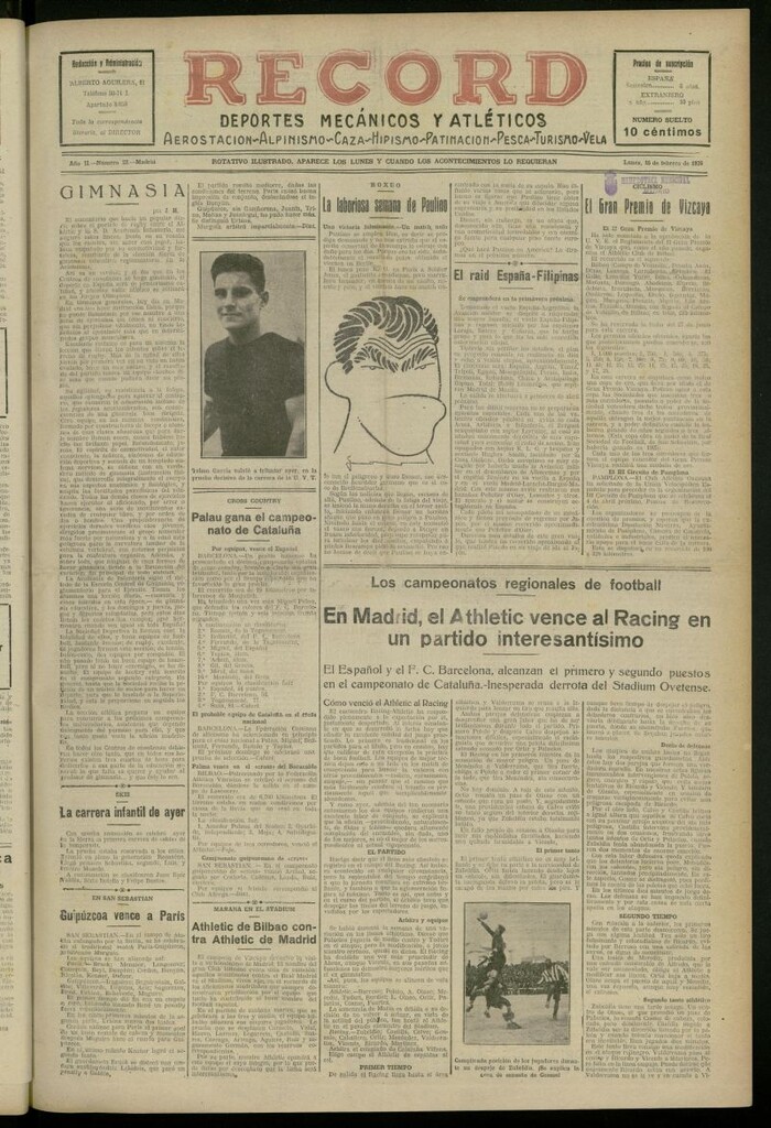 Miniatura de Record: deportes mecánicos y atléticos: aerostación, alpinismo, caza, hipismo, patinación, pesca, turismo, vela del 15 de febrero de 1926, nº 23