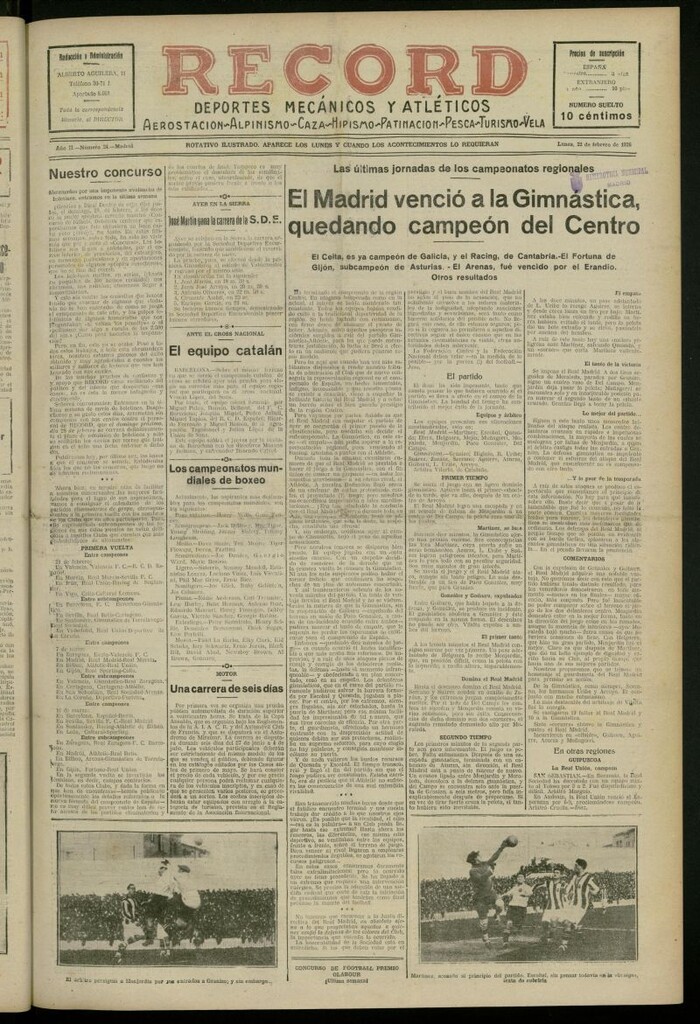 Miniatura de Record: deportes mecánicos y atléticos: aerostación, alpinismo, caza, hipismo, patinación, pesca, turismo, vela del 22 de febrero de 1926, nº 24