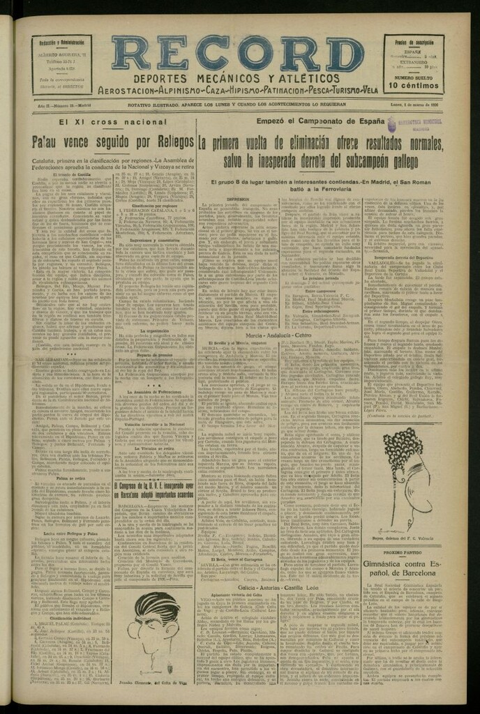Miniatura de Record: deportes mecánicos y atléticos: aerostación, alpinismo, caza, hipismo, patinación, pesca, turismo, vela del 1 de marzo de 1926, nº 25