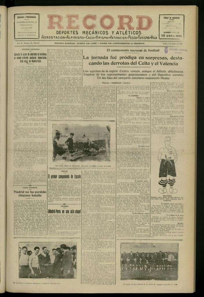Miniatura de Record: deportes mecánicos y atléticos: aerostación, alpinismo, caza, hipismo, patinación, pesca, turismo, vela del 8 de marzo de 1926, nº 26