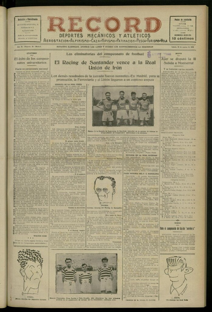 Miniatura de Record: deportes mecánicos y atléticos: aerostación, alpinismo, caza, hipismo, patinación, pesca, turismo, vela del 22 de marzo de 1926, nº 28