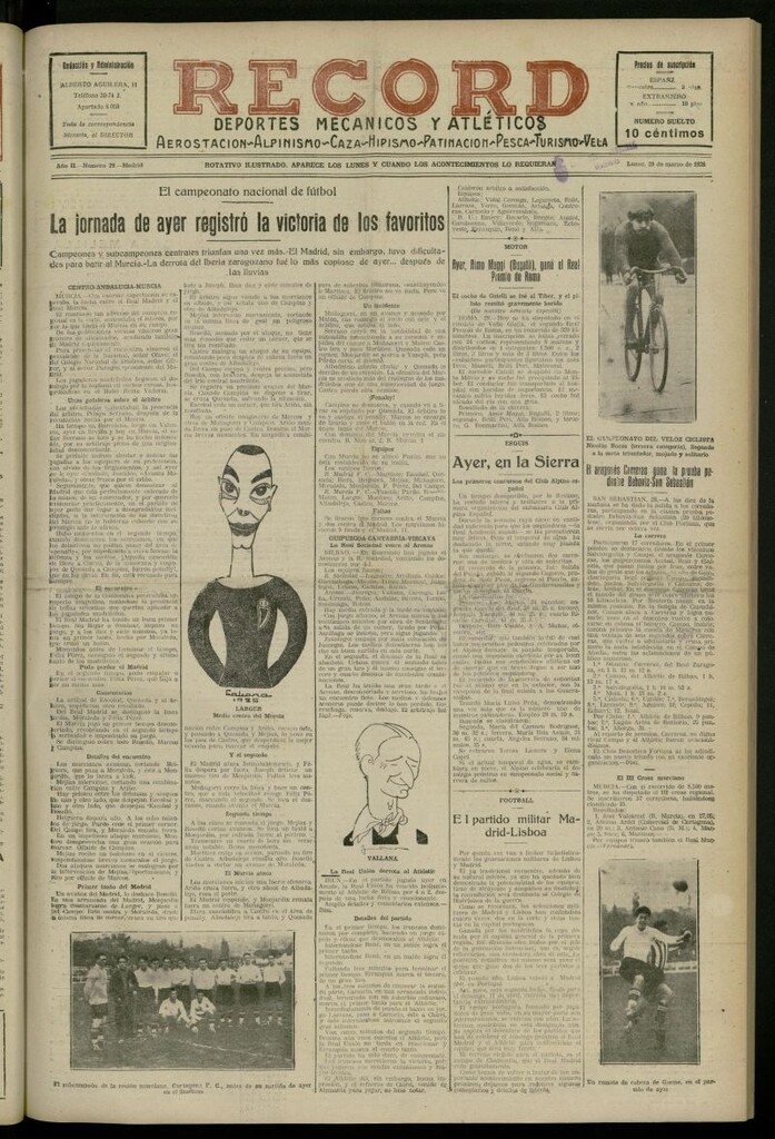 Miniatura de Record: deportes mecánicos y atléticos: aerostación, alpinismo, caza, hipismo, patinación, pesca, turismo, vela del 29 de marzo de 1926, nº 29