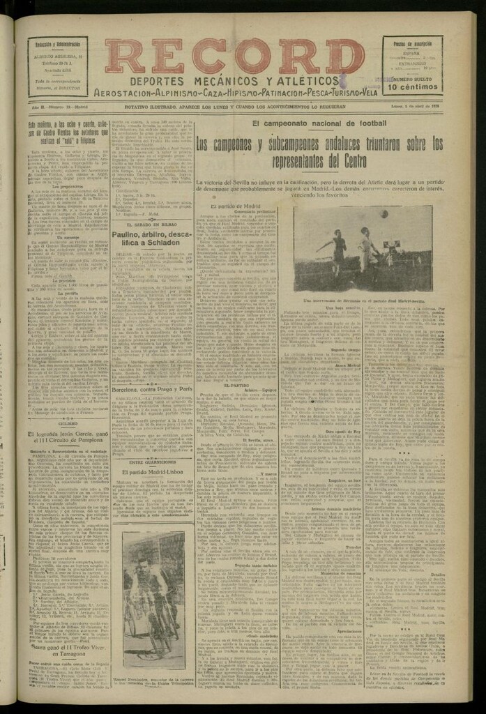 Miniatura de Record: deportes mecánicos y atléticos: aerostación, alpinismo, caza, hipismo, patinación, pesca, turismo, vela del 5 de abril de 1926, nº 30