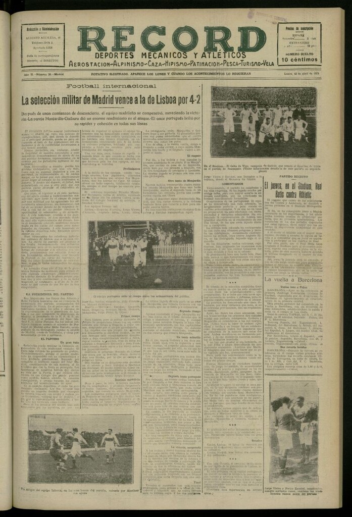 Miniatura de Record: deportes mecánicos y atléticos: aerostación, alpinismo, caza, hipismo, patinación, pesca, turismo, vela del 12 de abril de 1926, nº 31