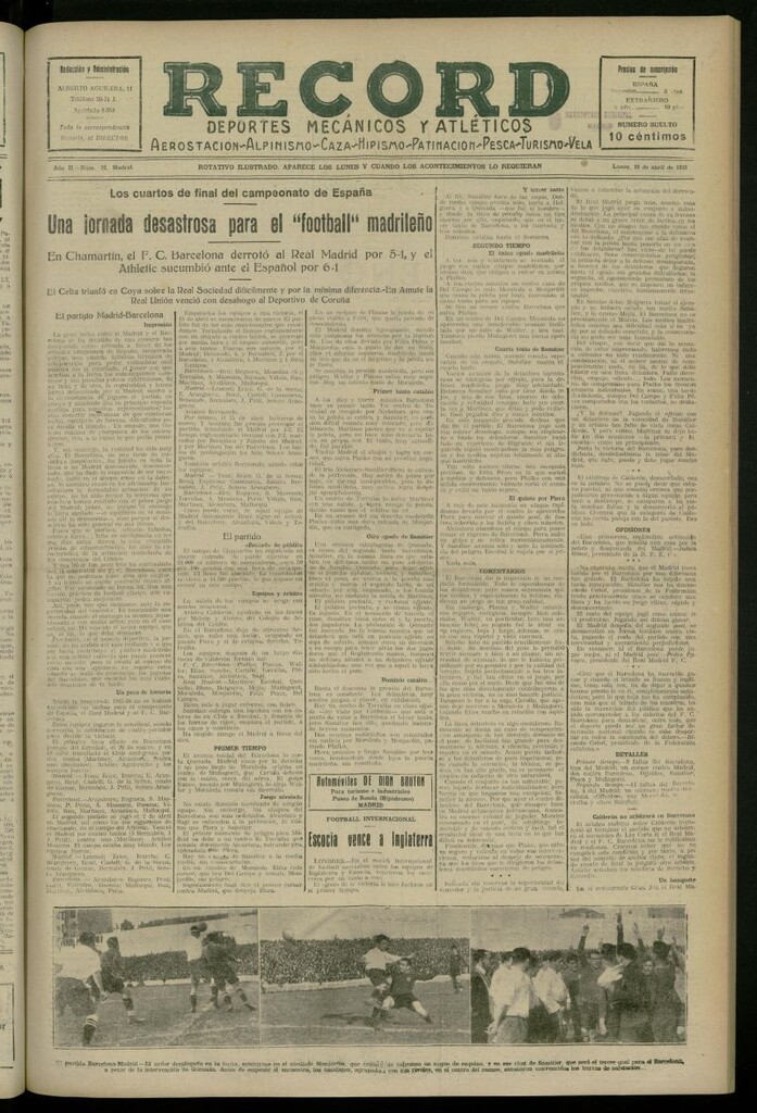 Miniatura de Record: deportes mecánicos y atléticos: aerostación, alpinismo, caza, hipismo, patinación, pesca, turismo, vela del 19 de abril de 1926, nº 32
