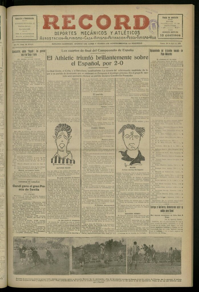 Miniatura de Record: deportes mecánicos y atléticos: aerostación, alpinismo, caza, hipismo, patinación, pesca, turismo, vela del 26 de abril de 1926, nº 33