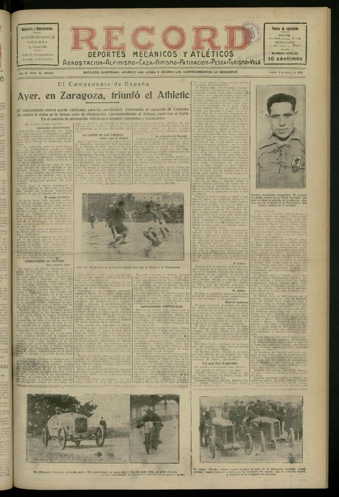 Miniatura de Record: deportes mecánicos y atléticos: aerostación, alpinismo, caza, hipismo, patinación, pesca, turismo, vela del 3 de mayo de 1926, nº 34