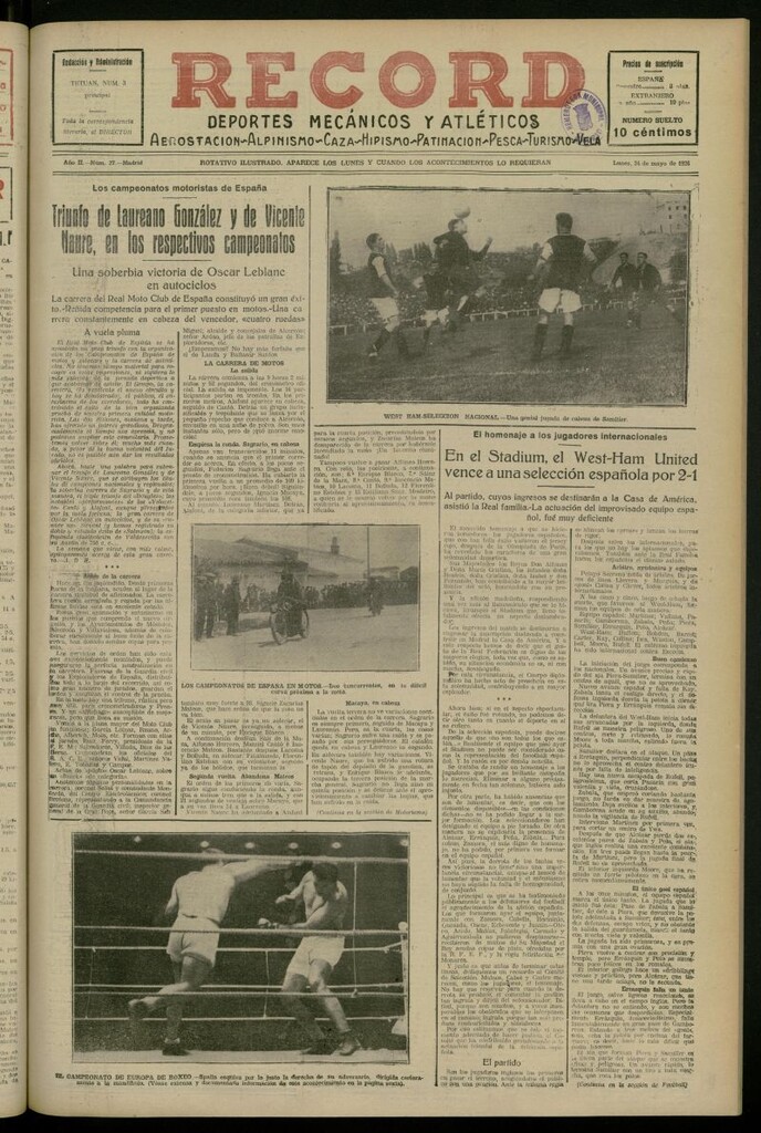 Miniatura de Record: deportes mecánicos y atléticos: aerostación, alpinismo, caza, hipismo, patinación, pesca, turismo, vela del 24 de mayo de 1926, nº 37