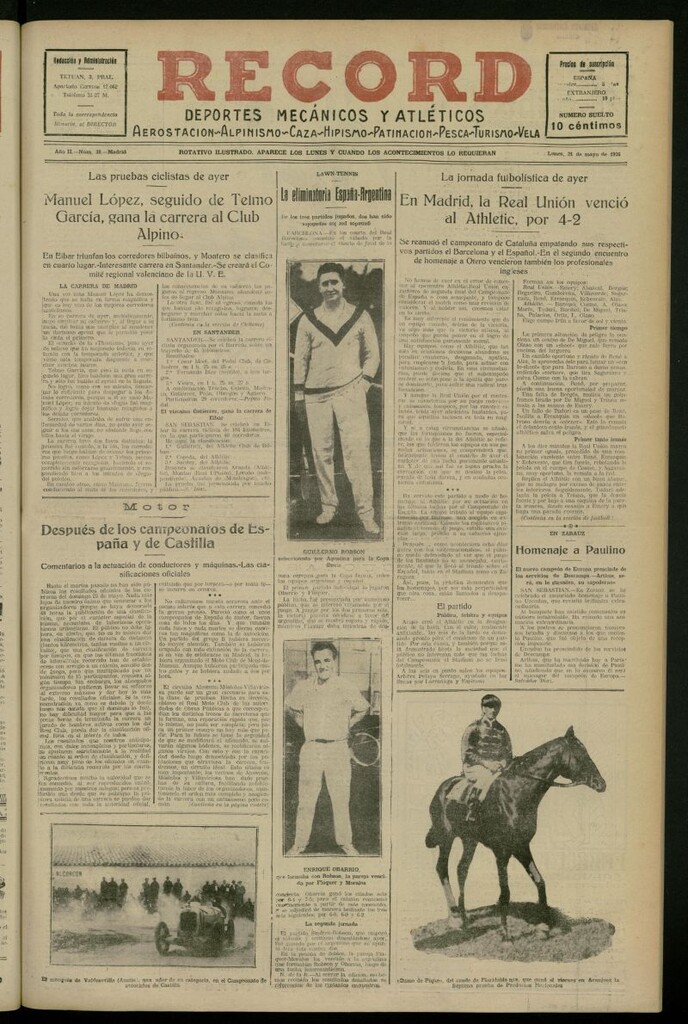 Miniatura de Record: deportes mecánicos y atléticos: aerostación, alpinismo, caza, hipismo, patinación, pesca, turismo, vela del 31 de mayo de 1926, nº 38