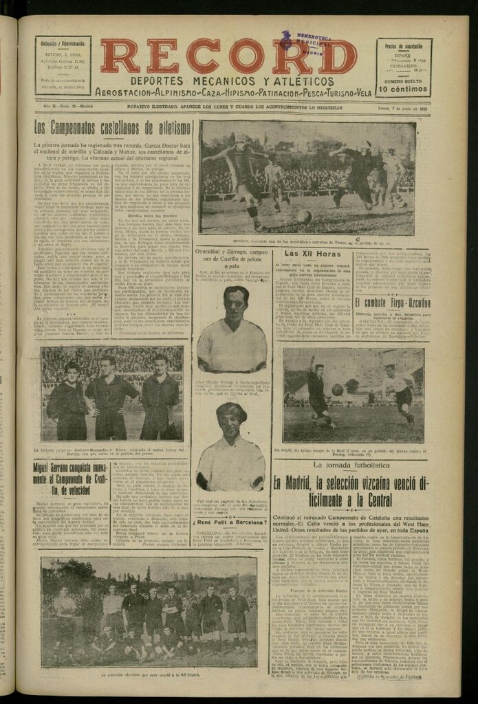 Miniatura de Record: deportes mecánicos y atléticos: aerostación, alpinismo, caza, hipismo, patinación, pesca, turismo, vela del 7 de junio de 1926, nº 39