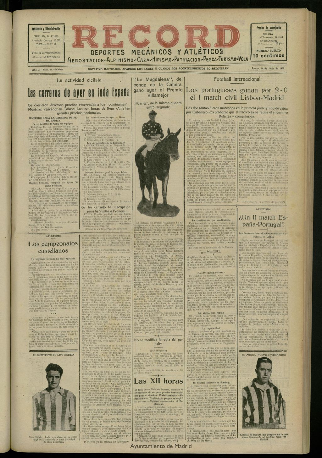 Miniatura de Record: deportes mecánicos y atléticos: aerostación, alpinismo, caza, hipismo, patinación, pesca, turismo, vela del 14 de junio de 1926, nº 40