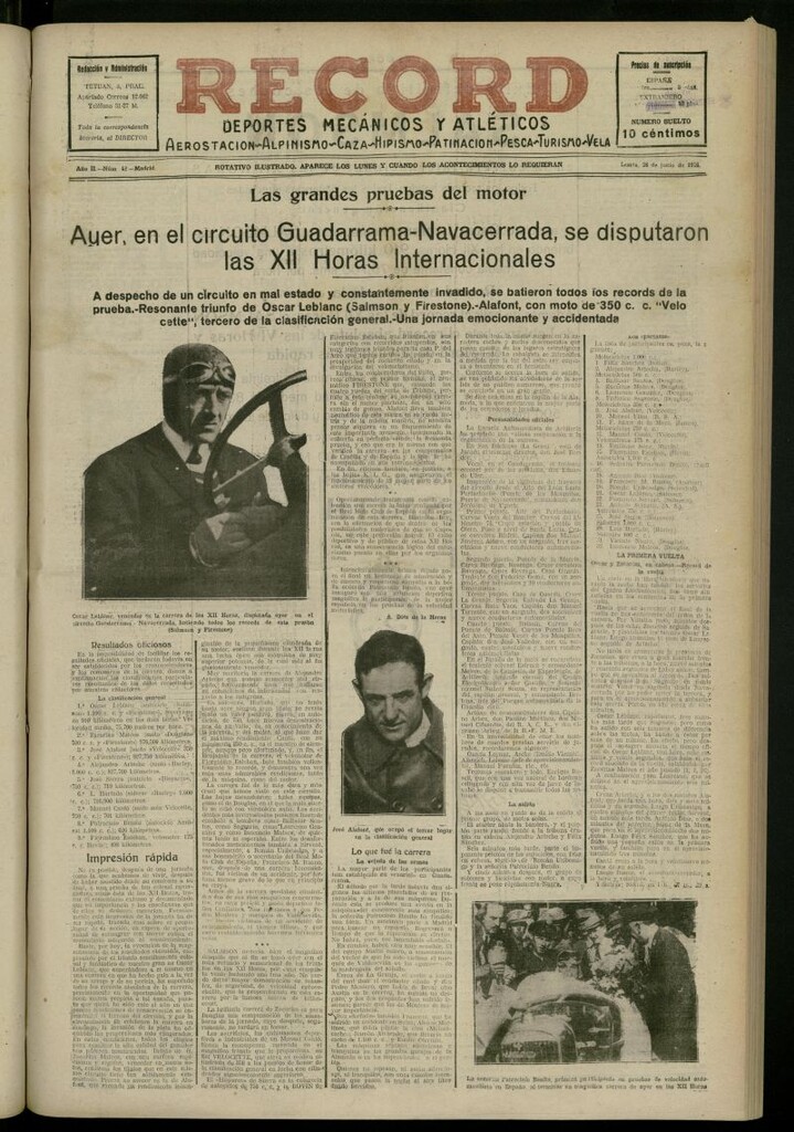 Miniatura de Record: deportes mecánicos y atléticos: aerostación, alpinismo, caza, hipismo, patinación, pesca, turismo, vela del 28 de junio de 1926, nº 42