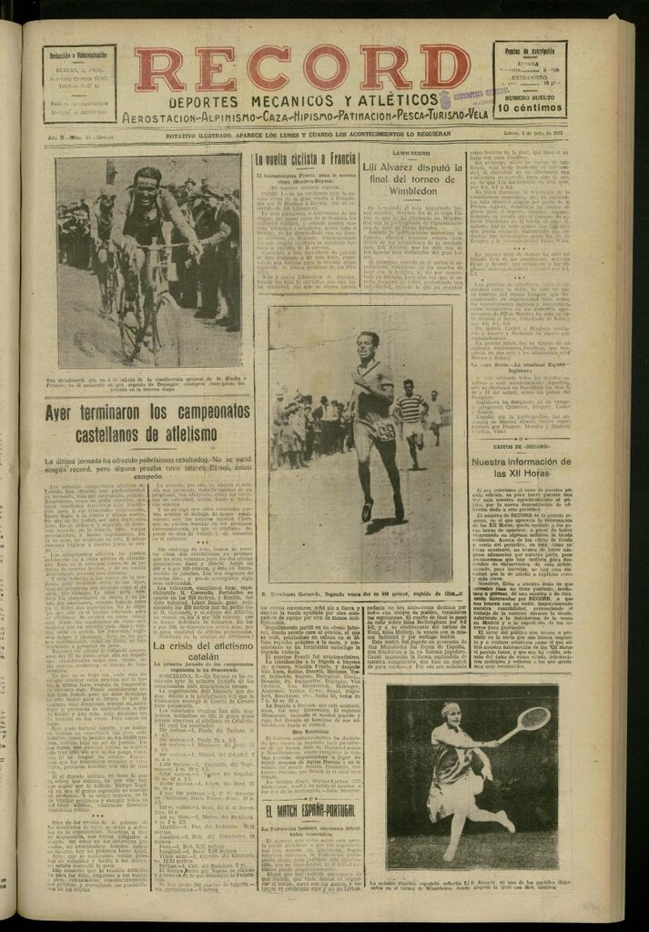 Miniatura de Record: deportes mecánicos y atléticos: aerostación, alpinismo, caza, hipismo, patinación, pesca, turismo, vela del 5 de julio de 1926, nº 43