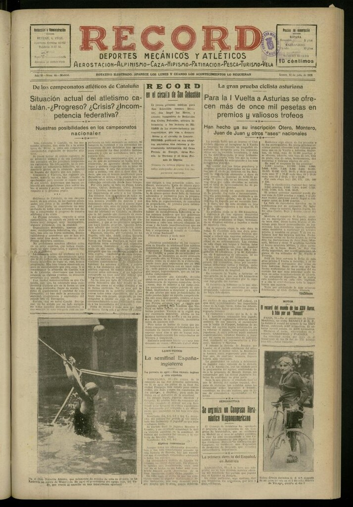 Miniatura de Record: deportes mecánicos y atléticos: aerostación, alpinismo, caza, hipismo, patinación, pesca, turismo, vela del 12 de julio de 1926, nº 44