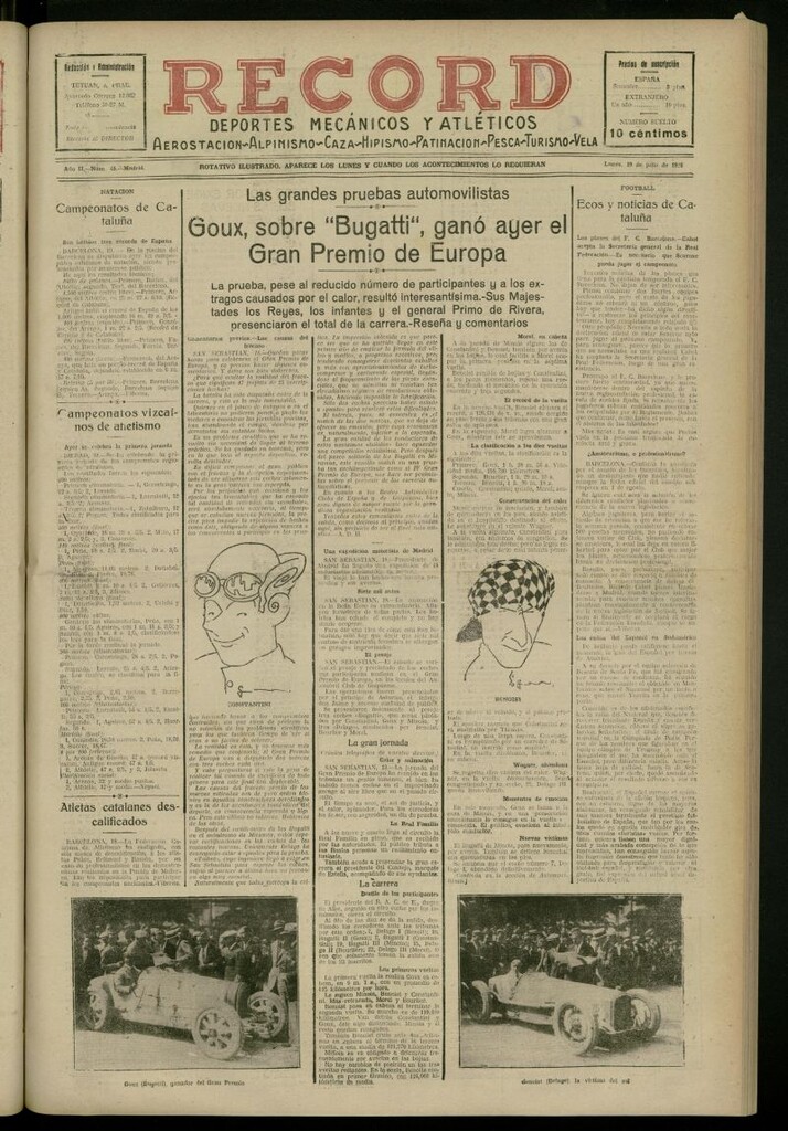 Miniatura de Record: deportes mecánicos y atléticos: aerostación, alpinismo, caza, hipismo, patinación, pesca, turismo, vela del 19 de julio de 1926, nº 45