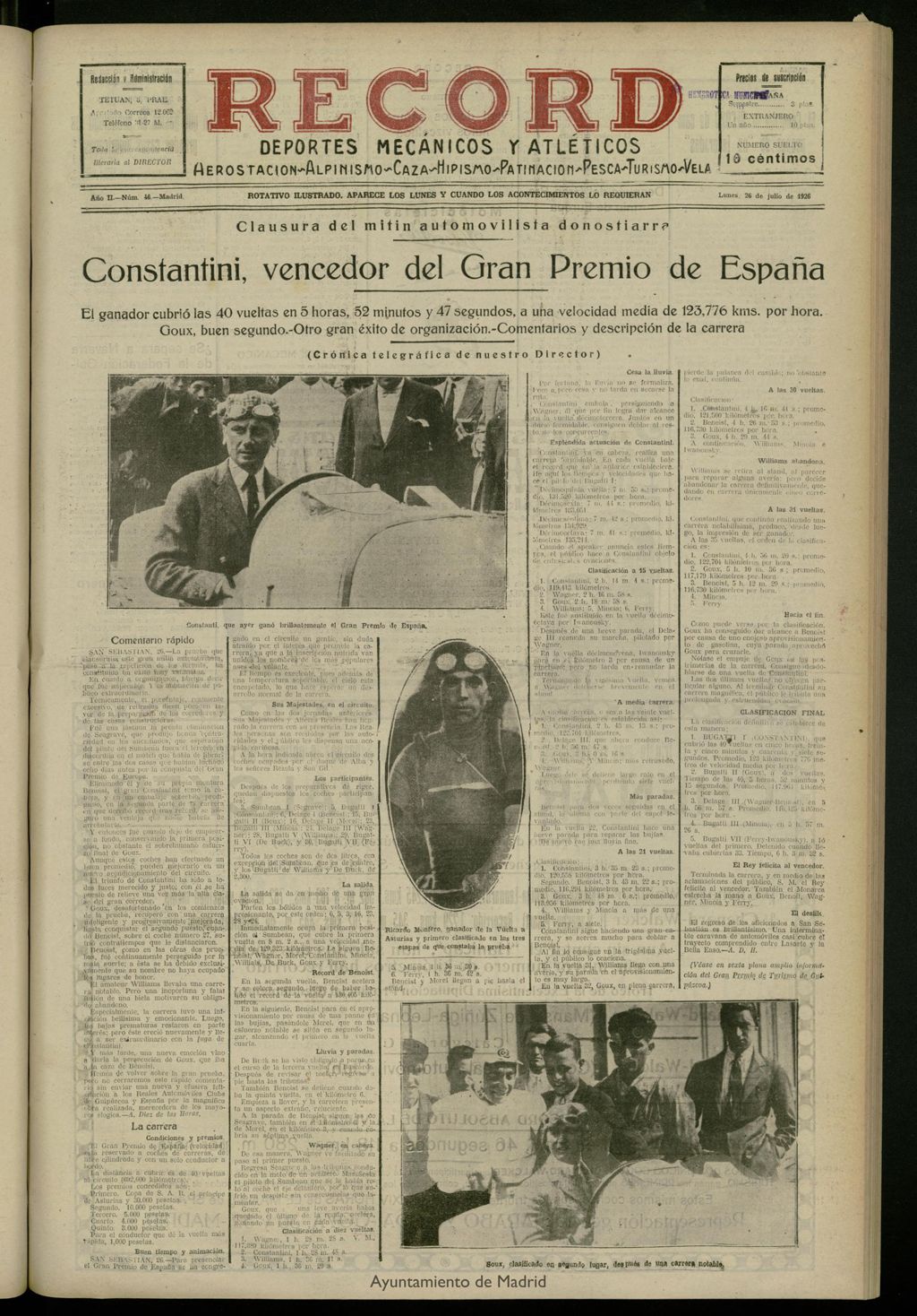 Miniatura de Record: deportes mecánicos y atléticos: aerostación, alpinismo, caza, hipismo, patinación, pesca, turismo, vela del 26 de julio de 1926, nº 46