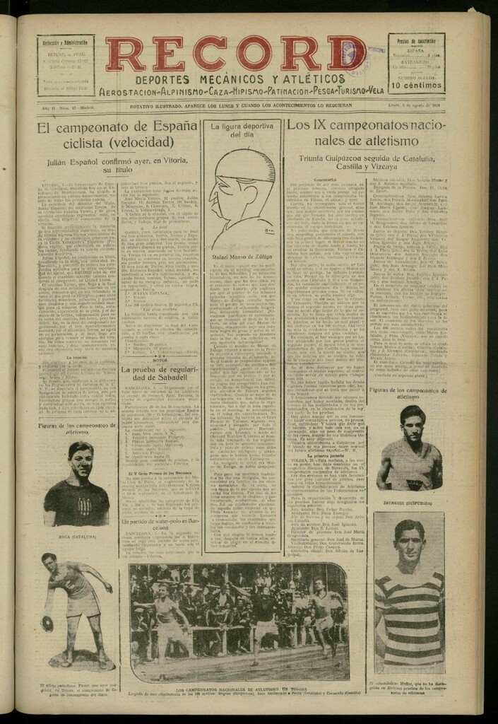 Miniatura de Record: deportes mecánicos y atléticos: aerostación, alpinismo, caza, hipismo, patinación, pesca, turismo, vela del 2 de agosto de 1926, nº 47