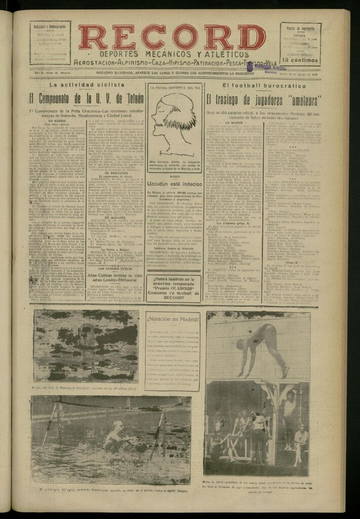 Miniatura de Record: deportes mecánicos y atléticos: aerostación, alpinismo, caza, hipismo, patinación, pesca, turismo, vela del 16 de agosto de 1926, nº 49