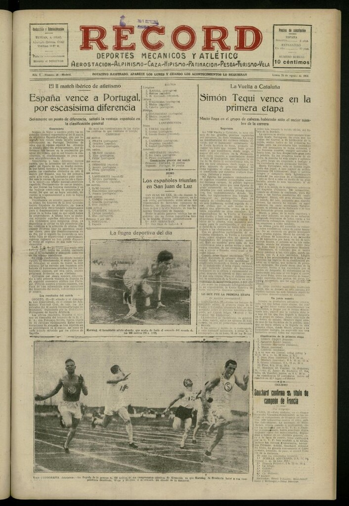 Miniatura de Record: deportes mecánicos y atléticos: aerostación, alpinismo, caza, hipismo, patinación, pesca, turismo, vela del 23 de agosto de 1926, nº 50
