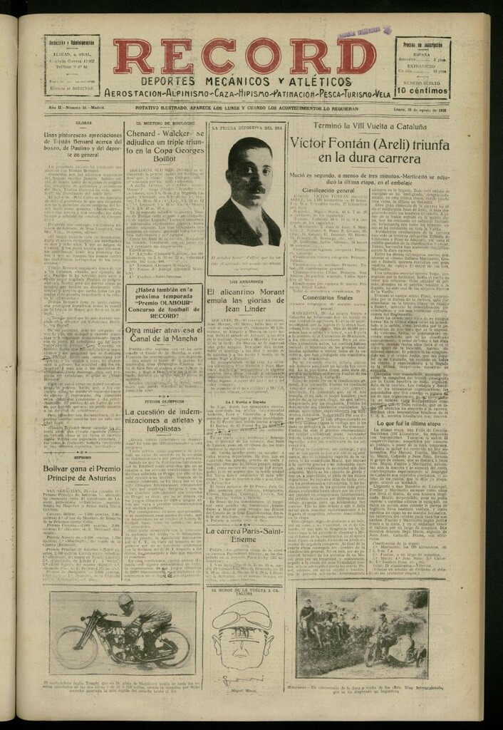 Miniatura de Record: deportes mecánicos y atléticos: aerostación, alpinismo, caza, hipismo, patinación, pesca, turismo, vela del 30 de agosto de 1926, nº 51