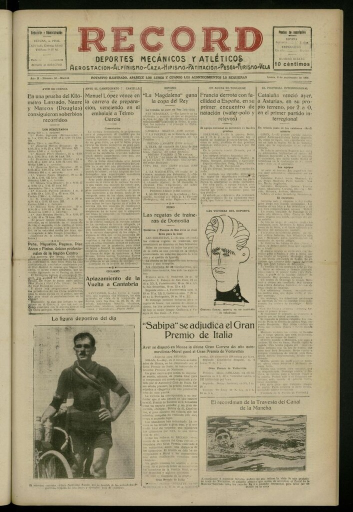 Miniatura de Record: deportes mecánicos y atléticos: aerostación, alpinismo, caza, hipismo, patinación, pesca, turismo, vela del 6 de septiembre de 1926, nº 52
