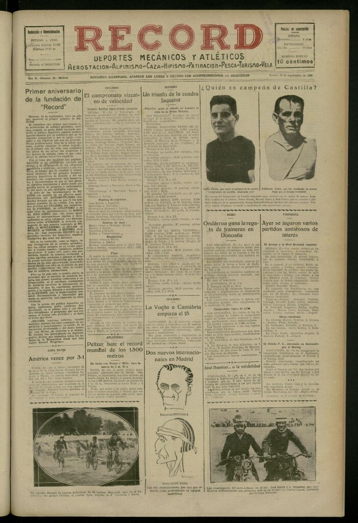 Miniatura de Record: deportes mecánicos y atléticos: aerostación, alpinismo, caza, hipismo, patinación, pesca, turismo, vela del 13 de septiembre de 1926, nº 53