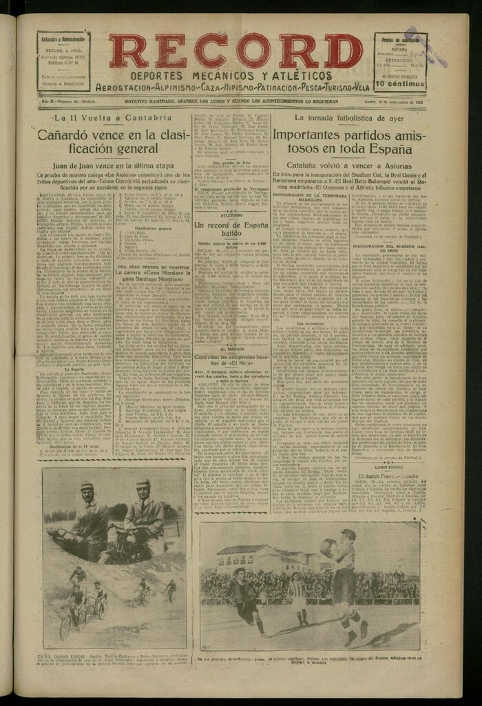 Miniatura de Record: deportes mecánicos y atléticos: aerostación, alpinismo, caza, hipismo, patinación, pesca, turismo, vela del 20 de septiembre de 1926, nº 54