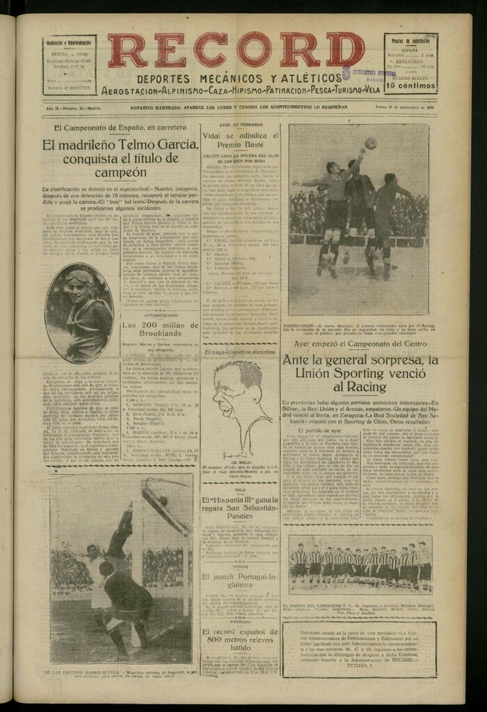 Miniatura de Record: deportes mecánicos y atléticos: aerostación, alpinismo, caza, hipismo, patinación, pesca, turismo, vela del 27 de septiembre de 1926, nº 55