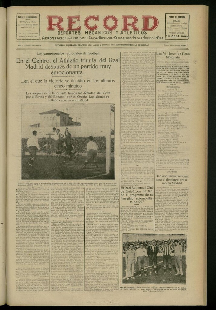 Miniatura de Record: deportes mecánicos y atléticos: aerostación, alpinismo, caza, hipismo, patinación, pesca, turismo, vela del 18 de octubre de 1926, nº 58