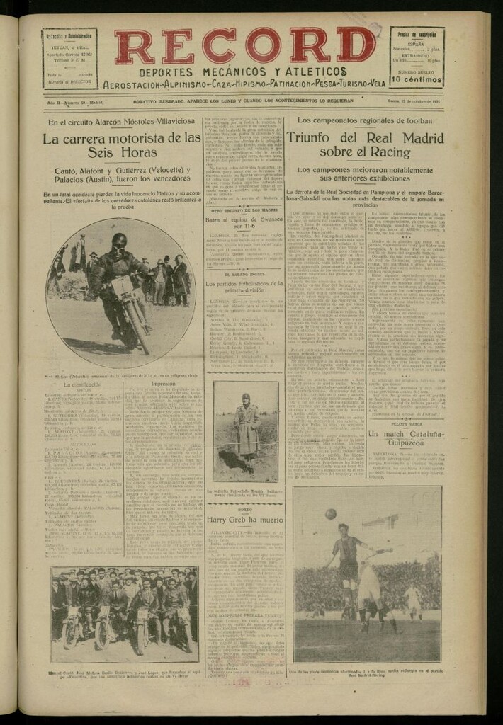 Miniatura de Record: deportes mecánicos y atléticos: aerostación, alpinismo, caza, hipismo, patinación, pesca, turismo, vela del 25 de octubre de 1926, nº 59