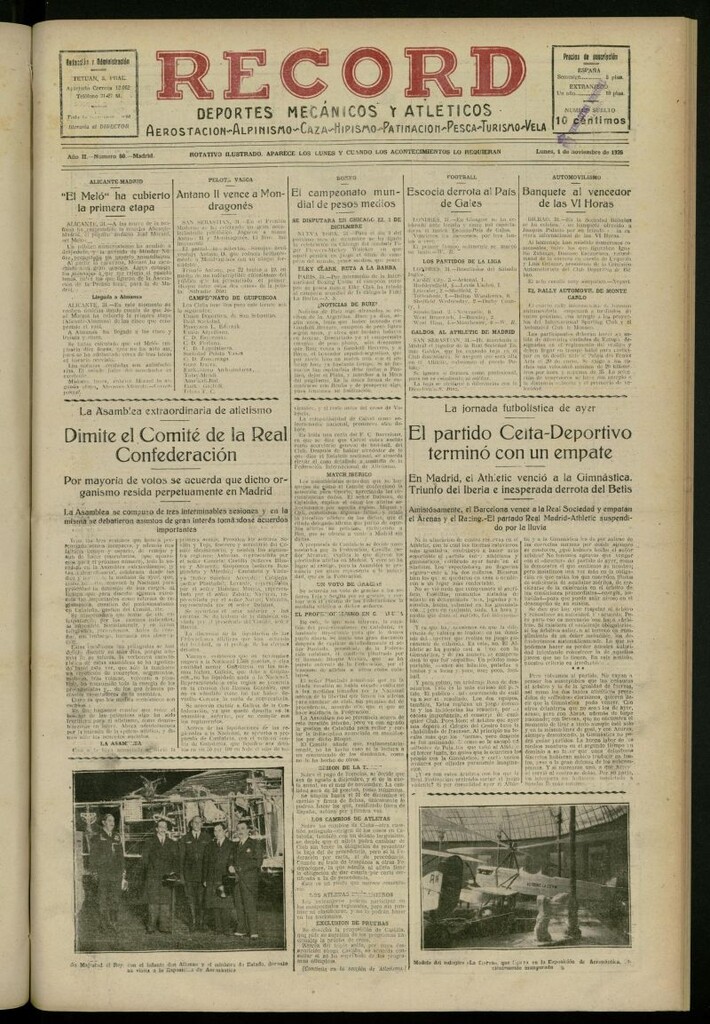 Miniatura de Record: deportes mecánicos y atléticos: aerostación, alpinismo, caza, hipismo, patinación, pesca, turismo, vela del 1 de noviembre de 1926, nº 60