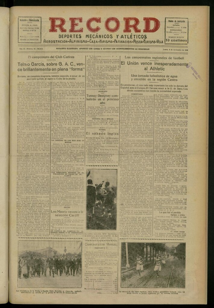 Miniatura de Record: deportes mecánicos y atléticos: aerostación, alpinismo, caza, hipismo, patinación, pesca, turismo, vela del 8 de noviembre de 1926, nº 61