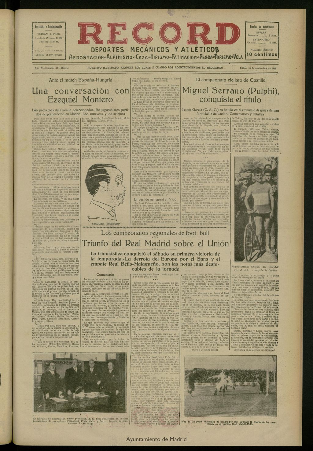 Miniatura de Record: deportes mecánicos y atléticos: aerostación, alpinismo, caza, hipismo, patinación, pesca, turismo, vela del 15 de noviembre de 1926, nº 62