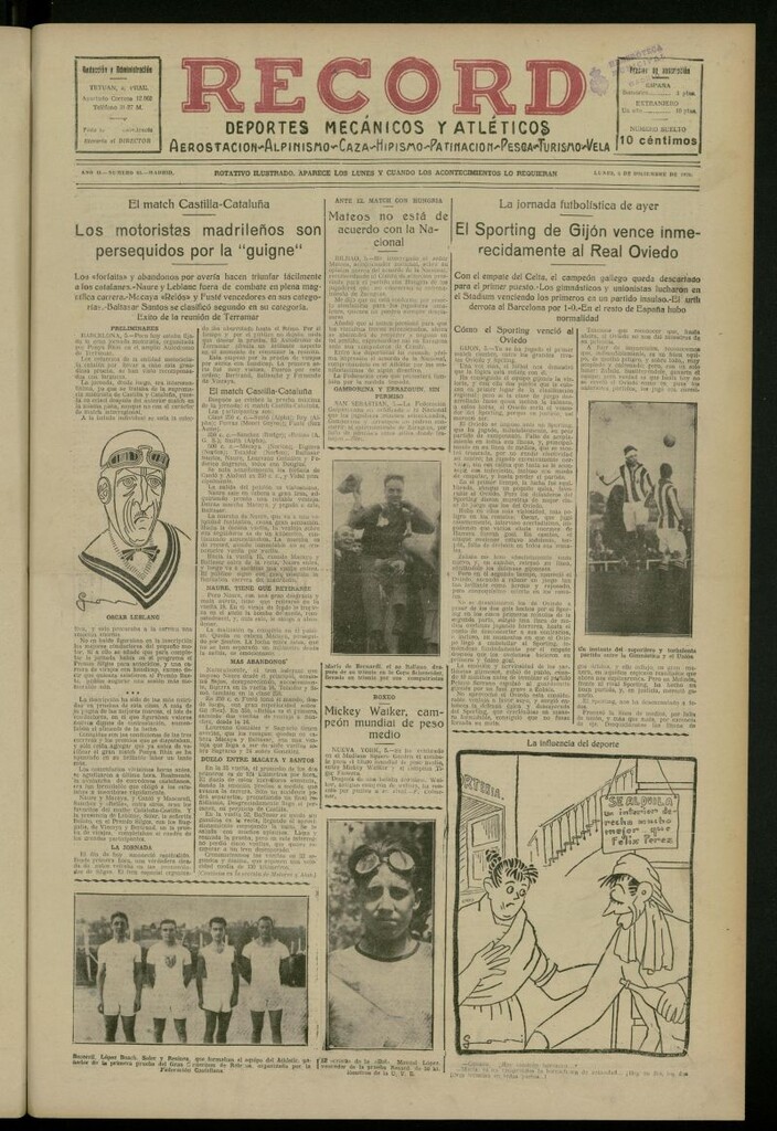 Miniatura de Record: deportes mecánicos y atléticos: aerostación, alpinismo, caza, hipismo, patinación, pesca, turismo, vela del 6 de diciembre de 1926, nº 65