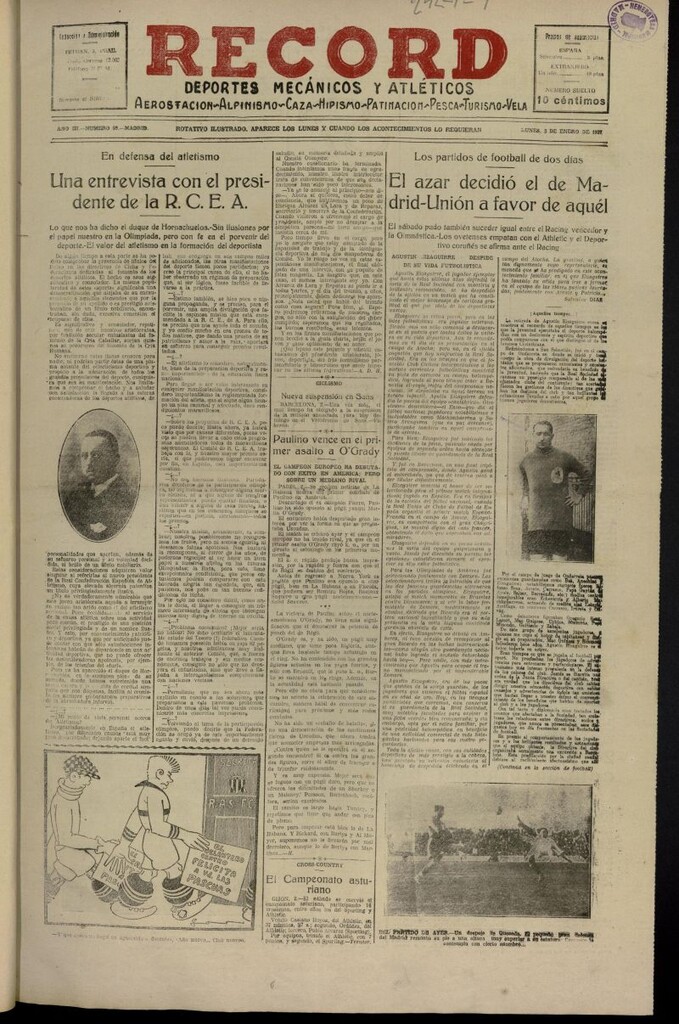 Miniatura de Record: deportes mecánicos y atléticos: aerostación, alpinismo, caza, hipismo, patinación, pesca, turismo, vela del 3 de enero de 1927, nº 69