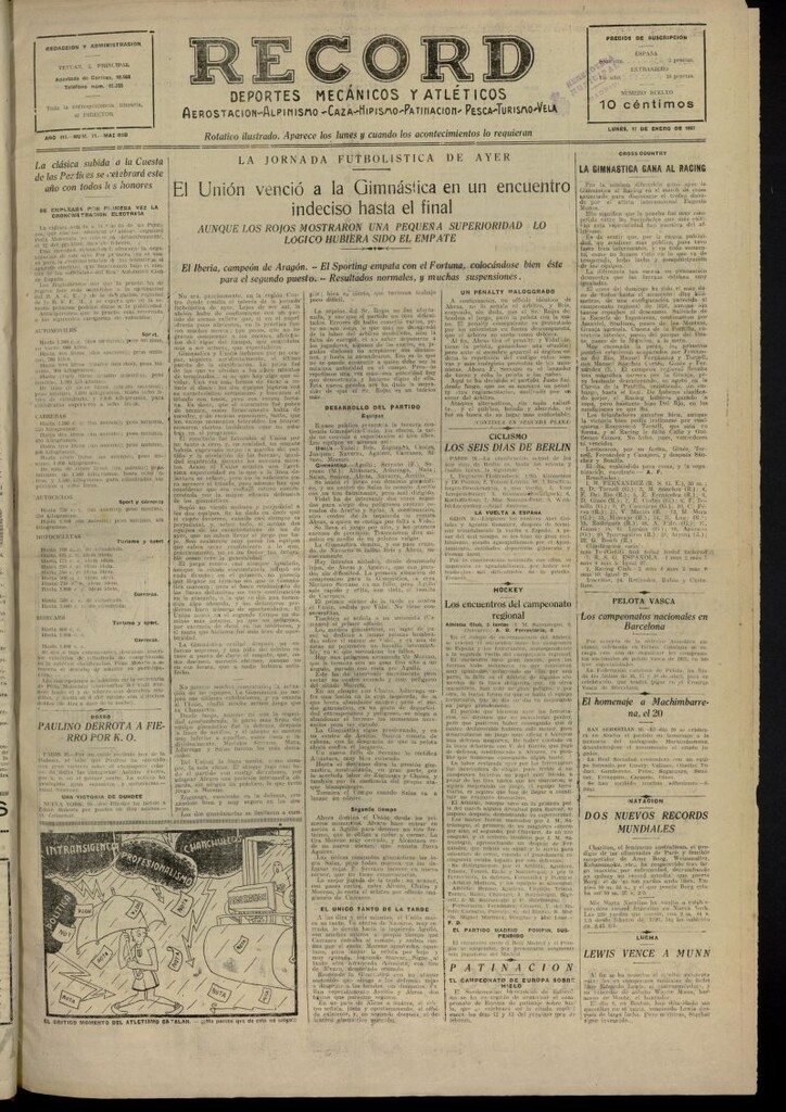 Miniatura de Record: deportes mecánicos y atléticos: aerostación, alpinismo, caza, hipismo, patinación, pesca, turismo, vela. Del 17 de enero de 1927, nº 71