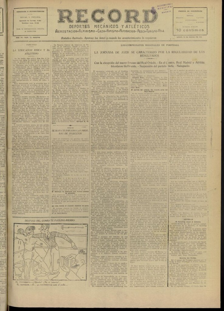 Miniatura de Record: deportes mecánicos y atléticos: aerostación, alpinismo, caza, hipismo, patinación, pesca, turismo, vela del 24 de enero de 1927, nº 72