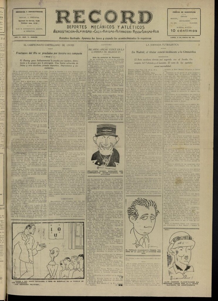Miniatura de Record: deportes mecánicos y atléticos: aerostación, alpinismo, caza, hipismo, patinación, pesca, turismo, vela. Del 31 de enero de 1927, nº 73