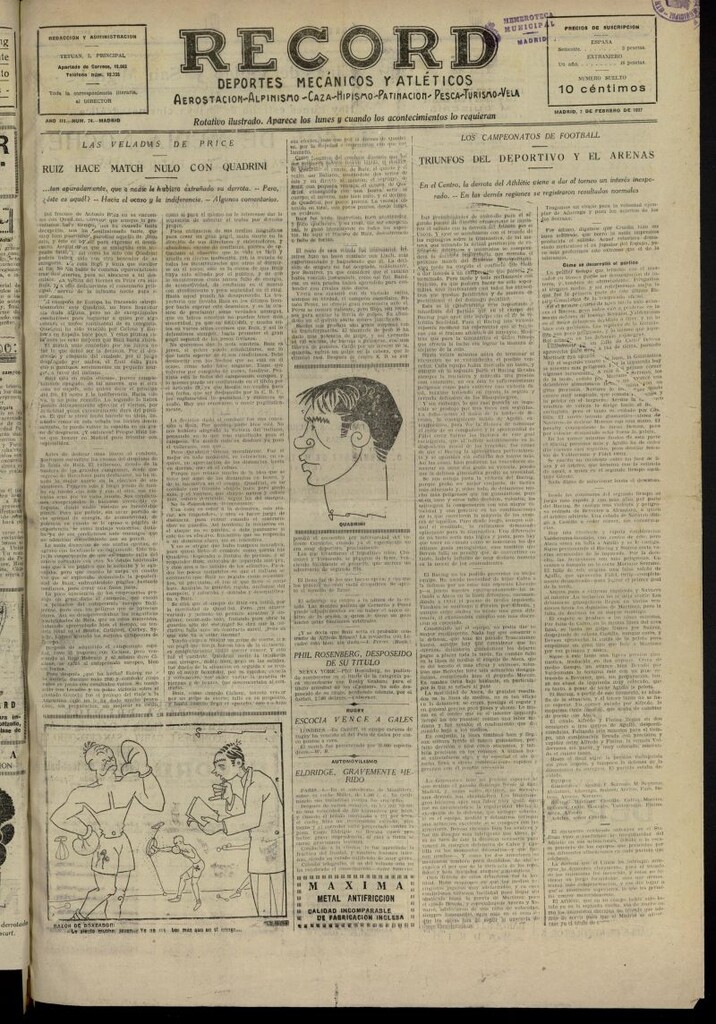 Miniatura de Record: deportes mecánicos y atléticos: aerostación, alpinismo, caza, hipismo, patinación, pesca, turismo, vela. Del 7 de febrero de 1927, nº 74