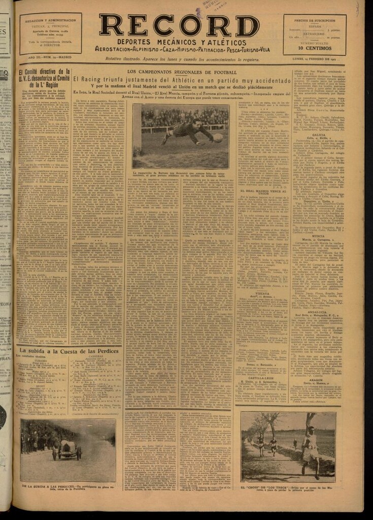 Miniatura de Record: deportes mecánicos y atléticos: aerostación, alpinismo, caza, hipismo, patinación, pesca, turismo, vela del 14 de febrero de 1927, nº 75