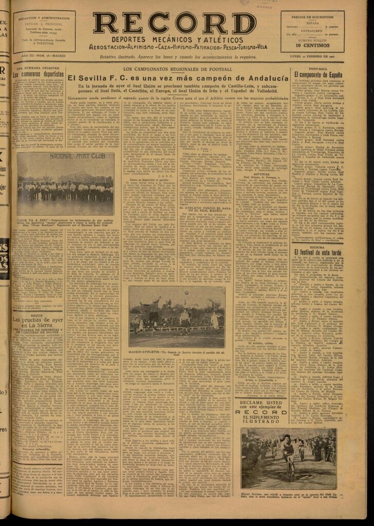 Miniatura de Record: deportes mecánicos y atléticos: aerostación, alpinismo, caza, hipismo, patinación, pesca, turismo, vela del 21 de febrero de 1927, nº 76