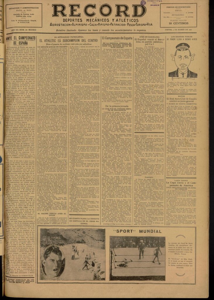 Miniatura de Record: deportes mecánicos y atléticos: aerostación, alpinismo, caza, hipismo, patinación, pesca, turismo, vela del 3 de Marzo de 1927, nº 78
