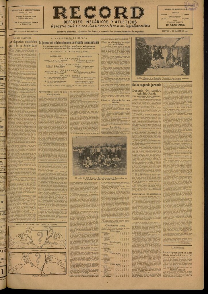 Miniatura de Record: deportes mecánicos y atléticos: aerostación, alpinismo, caza, hipismo, patinación, pesca, turismo, vela del 10 de marzo de 1927, nº 80