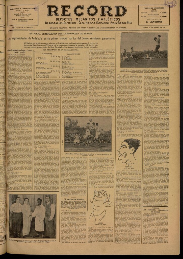 Miniatura de Record: deportes mecánicos y atléticos: aerostación, alpinismo, caza, hipismo, patinación, pesca, turismo, vela del 14 de marzo de 1927, nº 81