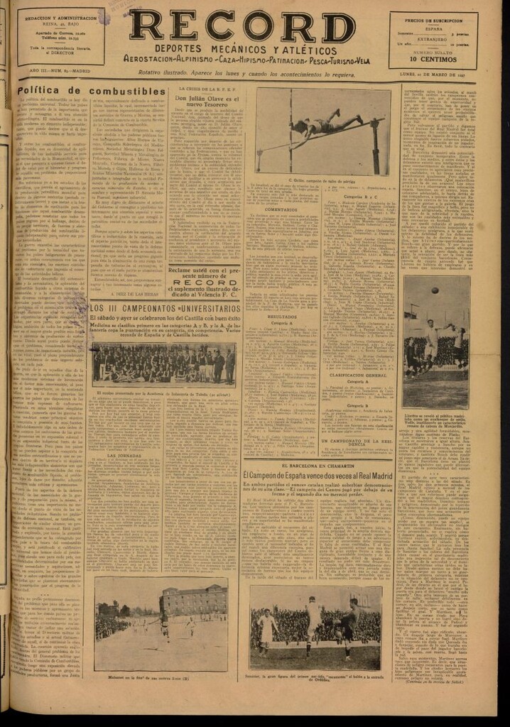 Miniatura de Record: deportes mecánicos y atléticos: aerostación, alpinismo, caza, hipismo, patinación, pesca, turismo, vela del 21 de marzo de 1927, nº 83