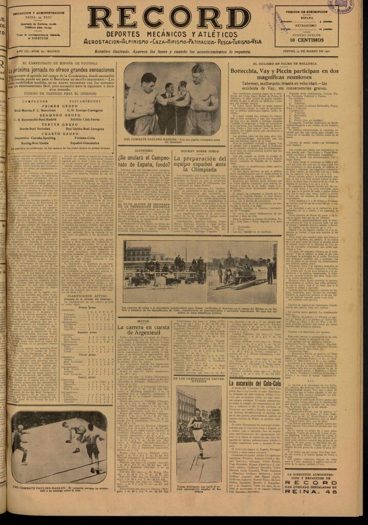 Miniatura de Record: deportes mecánicos y atléticos: aerostación, alpinismo, caza, hipismo, patinación, pesca, turismo, vela del 24 de marzo de 1927, nº 84