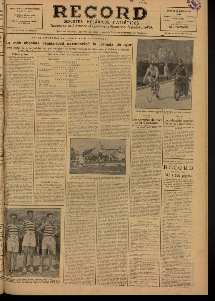 Miniatura de Record: deportes mecánicos y atléticos: aerostación, alpinismo, caza, hipismo, patinación, pesca, turismo, vela del 28 de marzo de 1927, nº 85